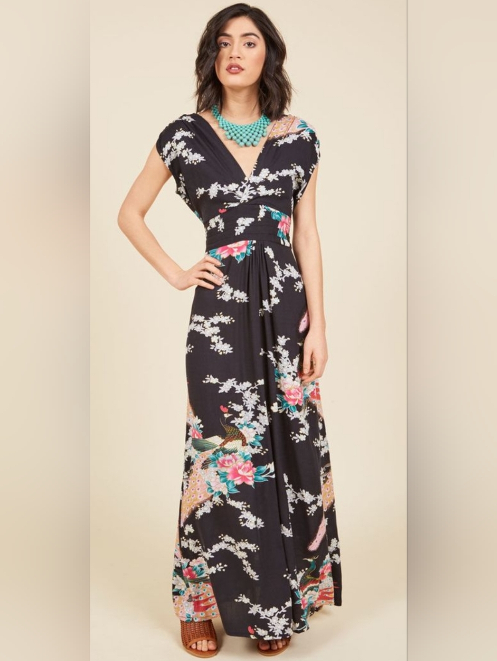 Ruby Rocks Black Floral Peacock V-Neck Maxi Dress